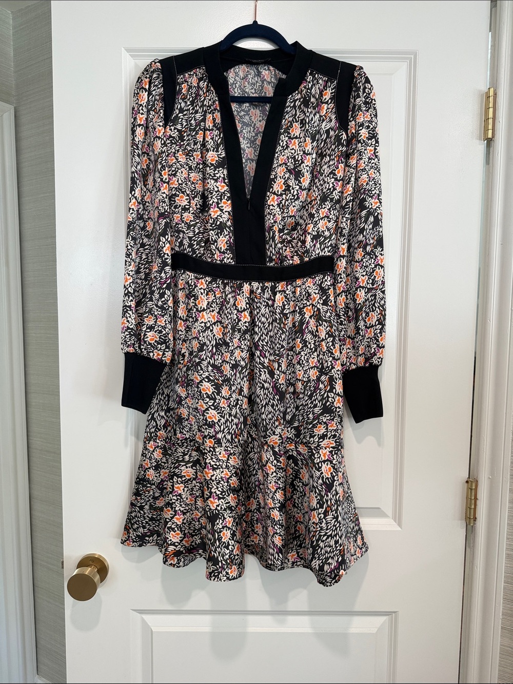 ME+EM Floral V-Neck Long Sleeve Dress in Black with Coral and Cream